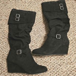 JustFab sweater wedge buckle boots
